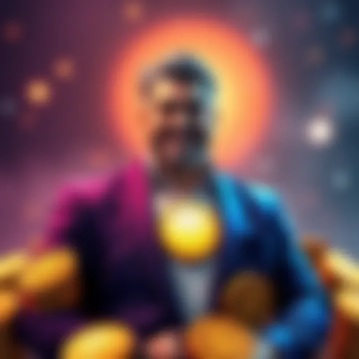 Richard Heart standing with various cryptocurrency coins around him, showcasing a confident smile, representing trust in his coins