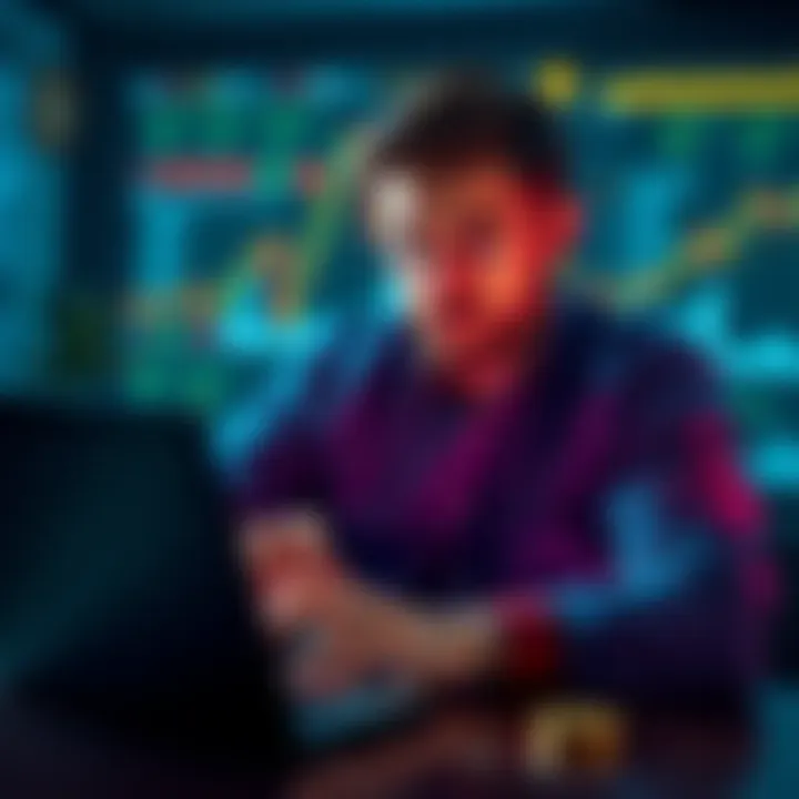 A depiction of Richards with a laptop, analyzing Ethereum prices and market trends, focused on making a financial decision.