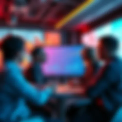 A group of professionals discussing key insights from the Rimest nano briefing with charts and data on a screen.
