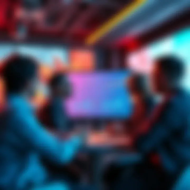 A group of professionals discussing key insights from the Rimest nano briefing with charts and data on a screen.