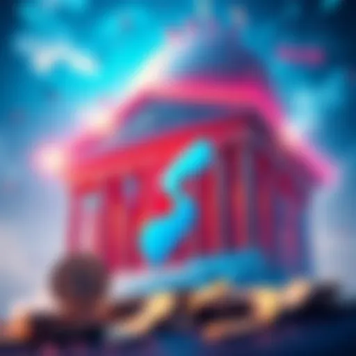 Ripple's potential bank approval illustrated with coins and a bank building, depicting market speculation.