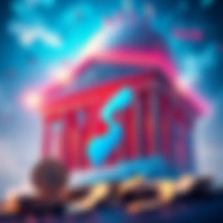 Ripple's potential bank approval illustrated with coins and a bank building, depicting market speculation.