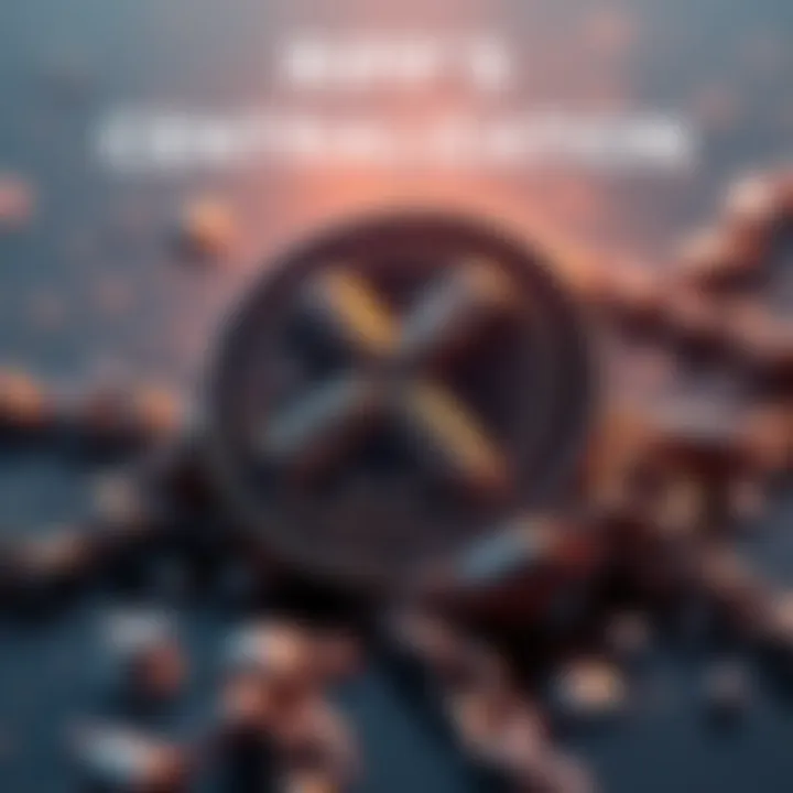 Ripple's Centralization Challenge Illustration highlighting Ripple's control over XRP, showcasing a digital representation of a token with chains symbolizing centralization concerns.