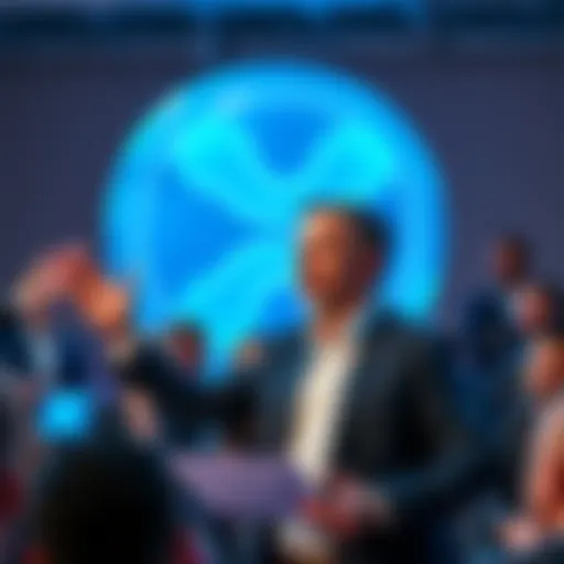 Ripple's Chief Technology Officer making an announcement about XRP escrow rights, surprising the crowd, with a visible XRP logo in the background.