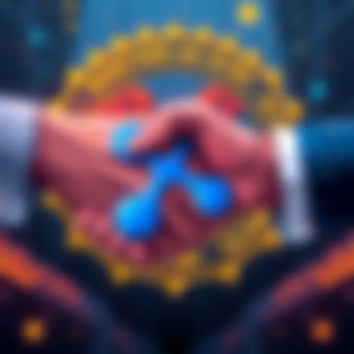 Illustration depicting Ripple and SEC handshake with XRP symbol subtly integrated