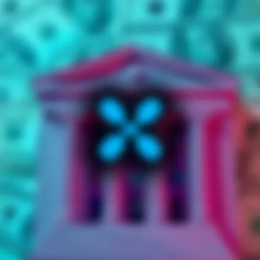 Ripple logo with a background of U.S. currency and a bank building, symbolizing its pursuit of a banking license in the U.S.