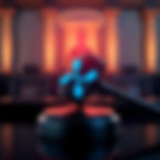A graphic showing Ripple's logo and a judge's gavel, symbolizing the ongoing legal case with the SEC.