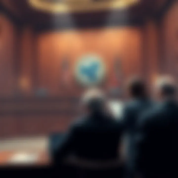 Ripple vs SEC Court Case A courtroom scene showing a judge and lawyers discussing the Ripple vs SEC case, highlighting the ongoing legal battle.