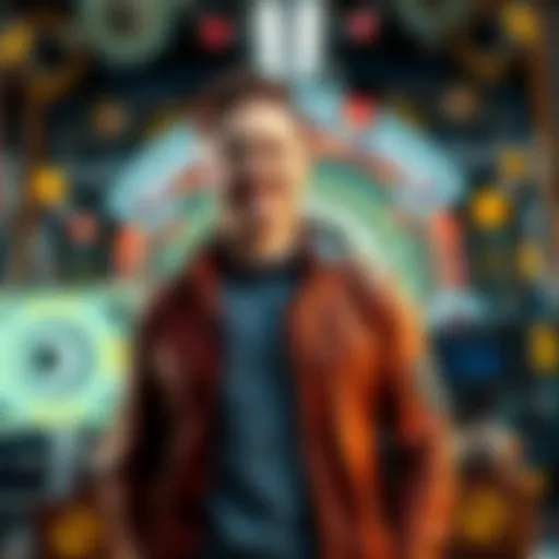 A young entrepreneur standing in front of a futuristic tech backdrop, resembling Tony Stark, with a confident smile and innovative gadgets around him.