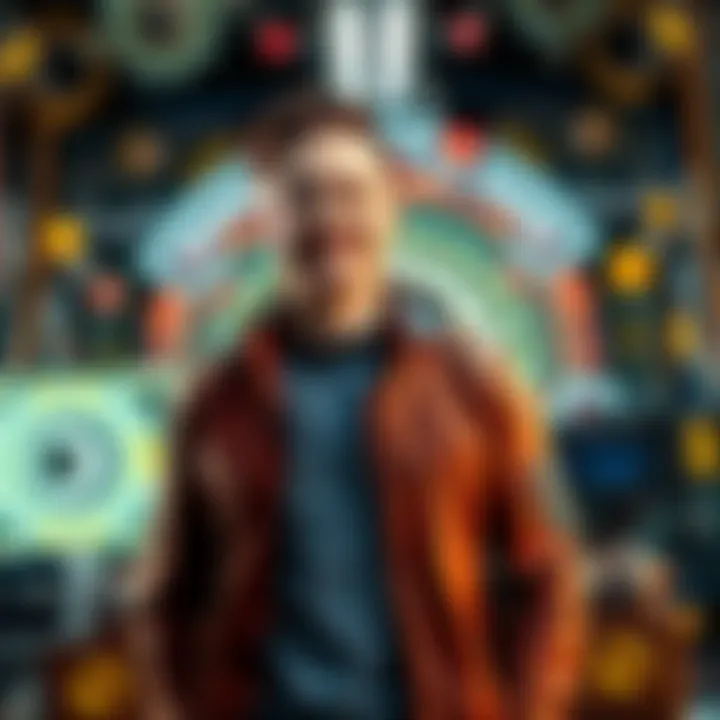 A young entrepreneur standing in front of a futuristic tech backdrop, resembling Tony Stark, with a confident smile and innovative gadgets around him.