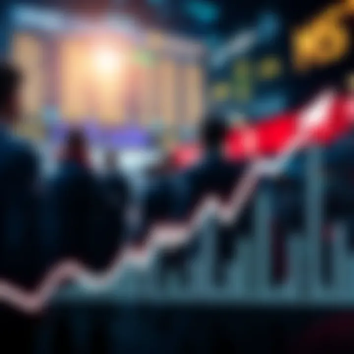 A graph showing an upward trend in market prices with traders looking concerned in the background.