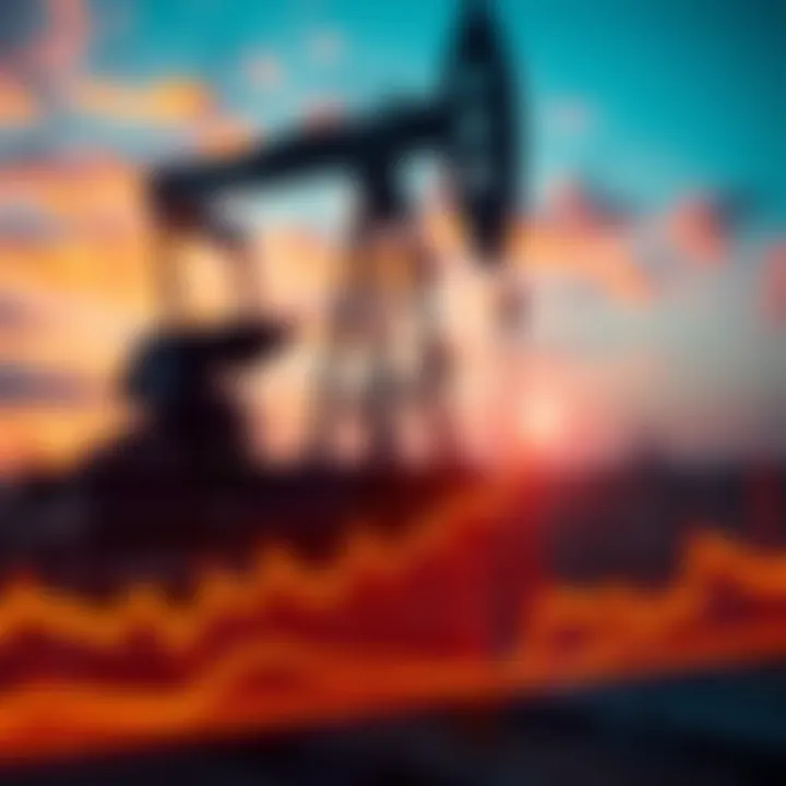 A graph showing rising Bitcoin prices alongside increasing oil prices, with a background image of an oil rig and Bitcoin symbols in view.