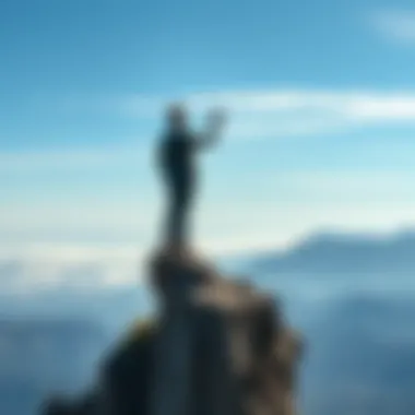 A businessperson standing confidently at the edge of a cliff, looking out over a vast landscape, symbolizing the leap of faith in risk-taking.
