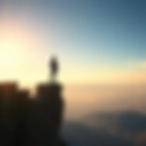 A person standing confidently on a cliff’s edge, looking at a bright horizon, symbolizing bold decisions and opportunities in a competitive world.