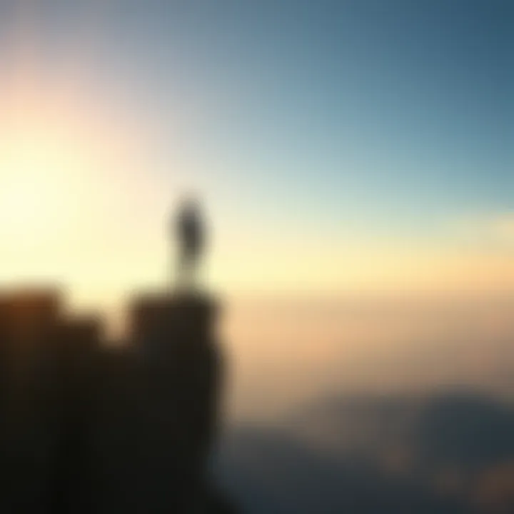 Risk-Taking and Success Mindset A person standing confidently on a cliffโs edge, looking at a bright horizon, symbolizing bold decisions and opportunities in a competitive world.
