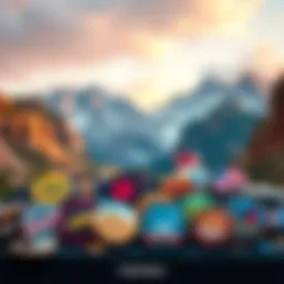 A collection of 25 colorful badges collected during a road trip, with a scenic background of mountains and road