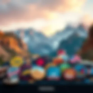 A collection of 25 colorful badges collected during a road trip, with a scenic background of mountains and road