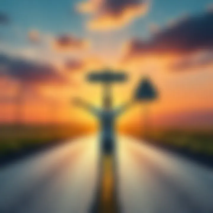 A person standing at a crossroads, with a sign pointing towards a scenic road for a road trip and another sign pointing towards their hometown, symbolizing the choice between adventure and local pride.