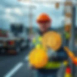 A road worker stands beside a construction site holding a Bitcoin symbol while a computer with mining software is visible in the background.
