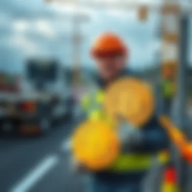 A road worker stands beside a construction site holding a Bitcoin symbol while a computer with mining software is visible in the background.