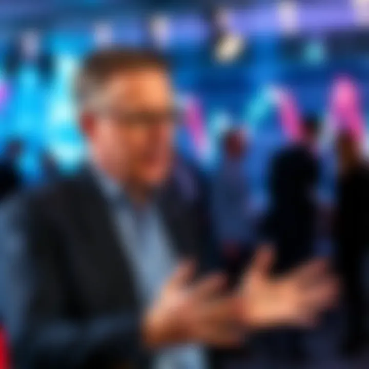 Rob Allen speaking about the initiatives of the Hedera Enterprise Adoption Team with visuals of collaboration and finance in the background