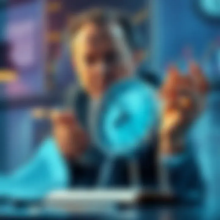 A tense moment depicting Rob Allen preparing for key GC announcements, surrounded by a clock and business charts.