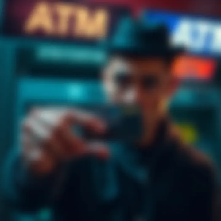 Robbery Incident A person looking worried while holding an ATM card after being robbed. The background shows an ATM machine.