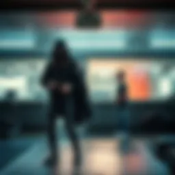 A person in a girl's disguise enters a gym while another person watches nearby, indicating a robbery in progress.