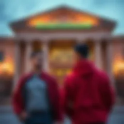 Two Robinhood employees standing outside a courthouse, representing charges of fraud in crypto trading.