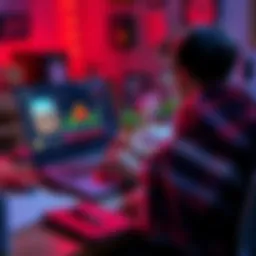 A Roblox scripter coding on a laptop with game visuals on the screen and notes around