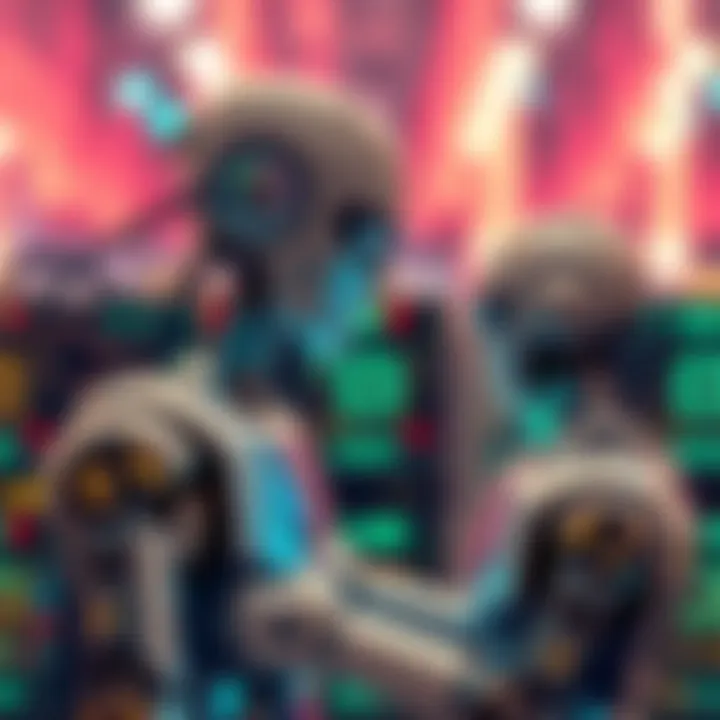 A humanoid robot interacting with computer CPU nodes, symbolizing the connection between robotics and distributed computing in the Pi Network.