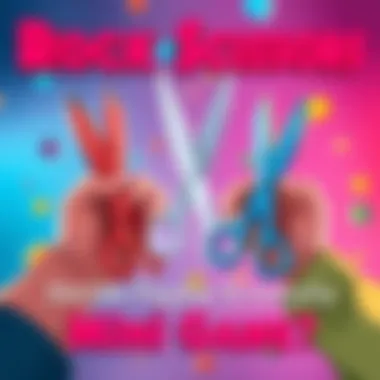 A colorful illustration of hands showing rock, paper, and scissors with a fun background, symbolizing the mini game event to come.