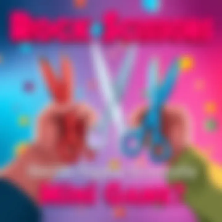 A colorful illustration of hands showing rock, paper, and scissors with a fun background, symbolizing the mini game event to come.