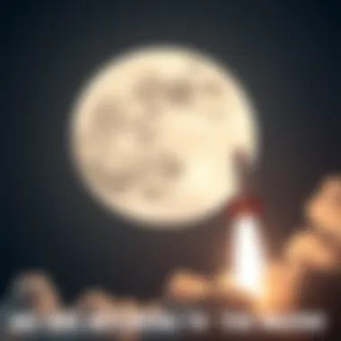 A rocket blasting off into space with the moon in the background