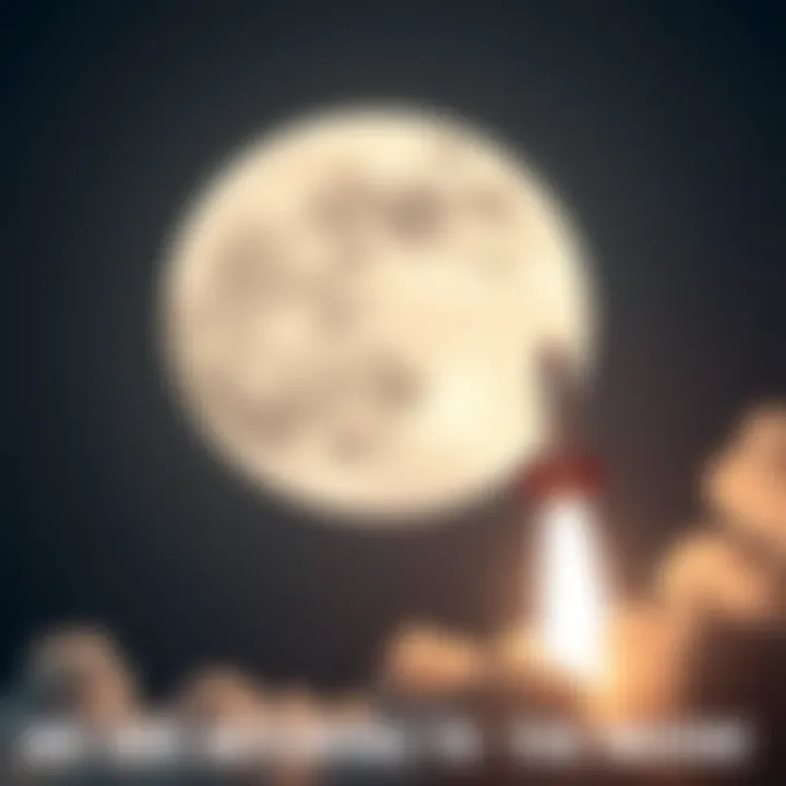 A rocket blasting off into space with the moon in the background