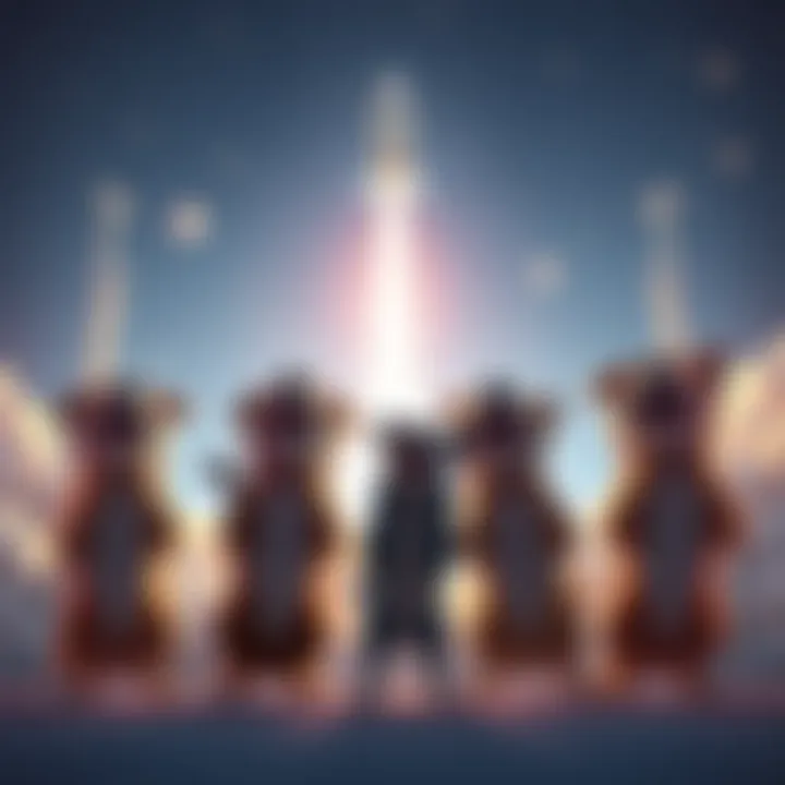 A rocket launching with animated dogs cheering and wagging their tails, symbolizing excitement