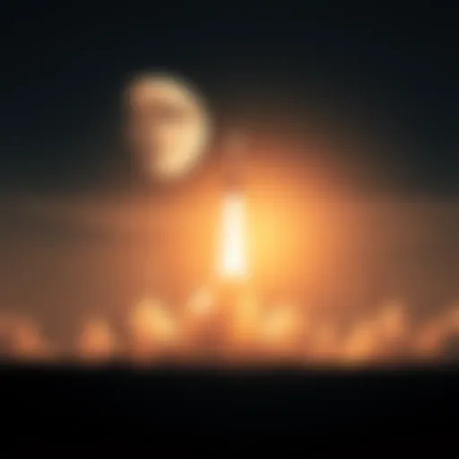 A rocket blasts off into the sky, symbolizing the ambition to reach the Moon in 2026.