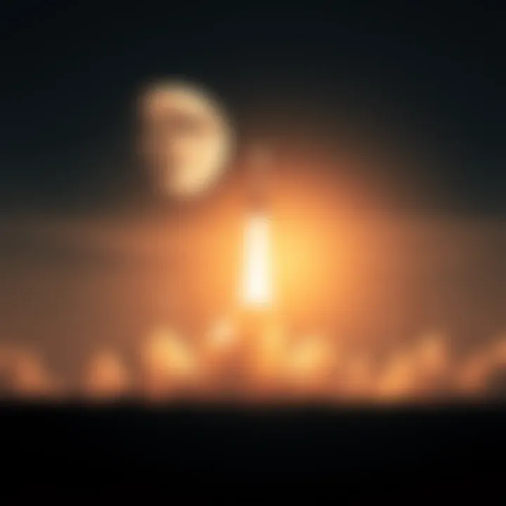 A rocket blasts off into the sky, symbolizing the ambition to reach the Moon in 2026.