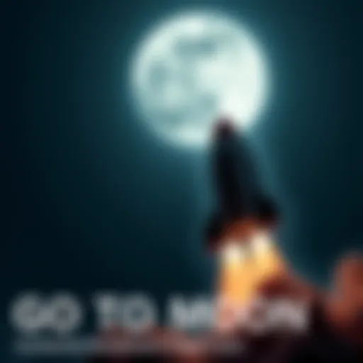 A rocket blasting off into the night sky, heading towards the moon with a bright trail behind it