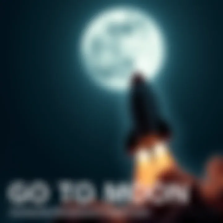 A rocket blasting off into the night sky, heading towards the moon with a bright trail behind it