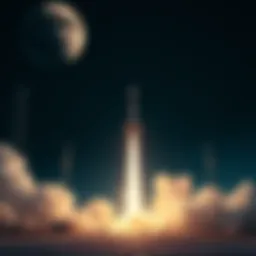 A rocket takes off, heading to the moon, symbolizing a new lunar mission