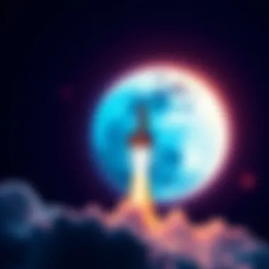 A rocket launching into space with a bright moon in the background, symbolizing the rise of cryptocurrency