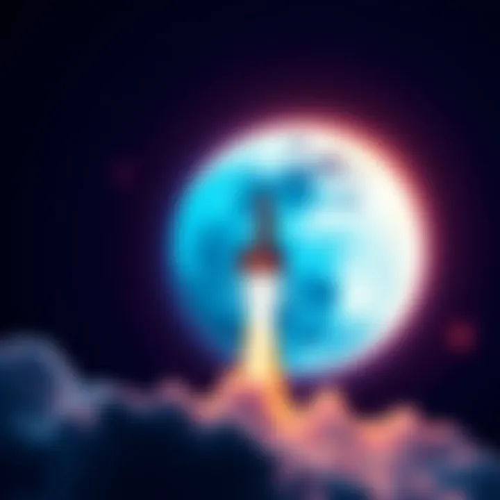 Rocket taking off toward the moon A rocket launching into space with a bright moon in the background, symbolizing the rise of cryptocurrency