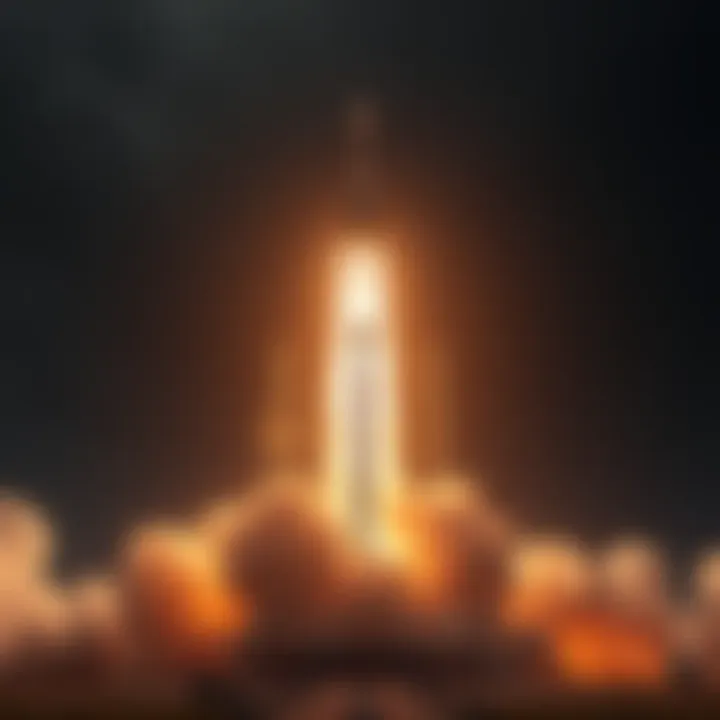 A rocket lifting off from a launch pad, heading toward space with flames and smoke beneath it.