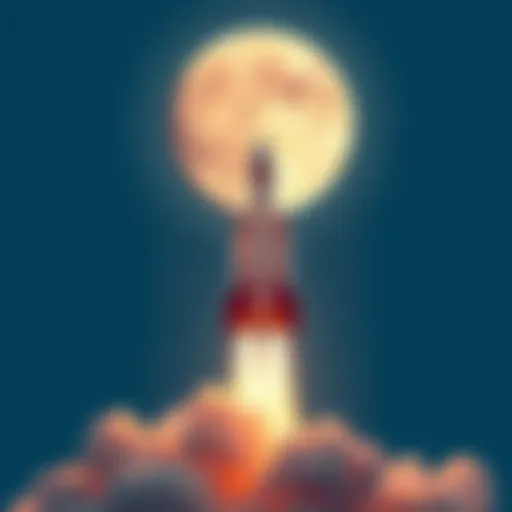 A powerful rocket blasting off towards the moon with a bright flame at its base, leaving a trail of smoke against a clear blue sky.