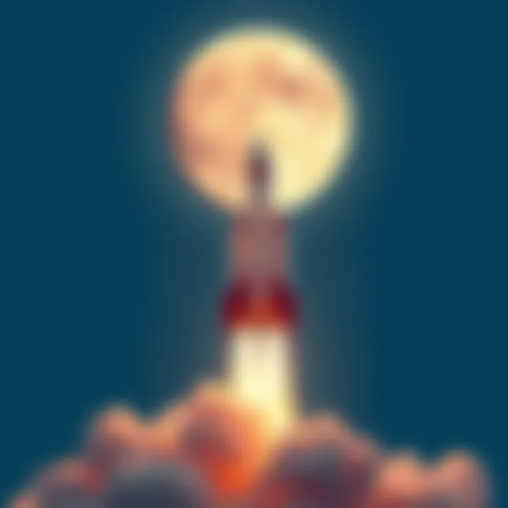 A powerful rocket blasting off towards the moon with a bright flame at its base, leaving a trail of smoke against a clear blue sky.