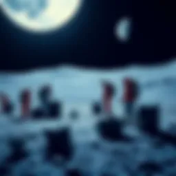 A group of people preparing rocket packs on the Moon's surface, with Earth visible in the background.