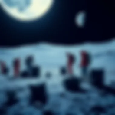 A group of people preparing rocket packs on the Moon's surface, with Earth visible in the background.