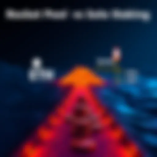 A graphic showing two paths: one leading to a pile of ETH for solo staking and the other leading to Rocket Pool with smaller ETH and RPL tokens.