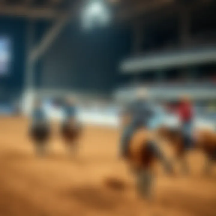 A vibrant rodeo scene with participants enjoying the festivities, cowboys on horses, and cheering crowds